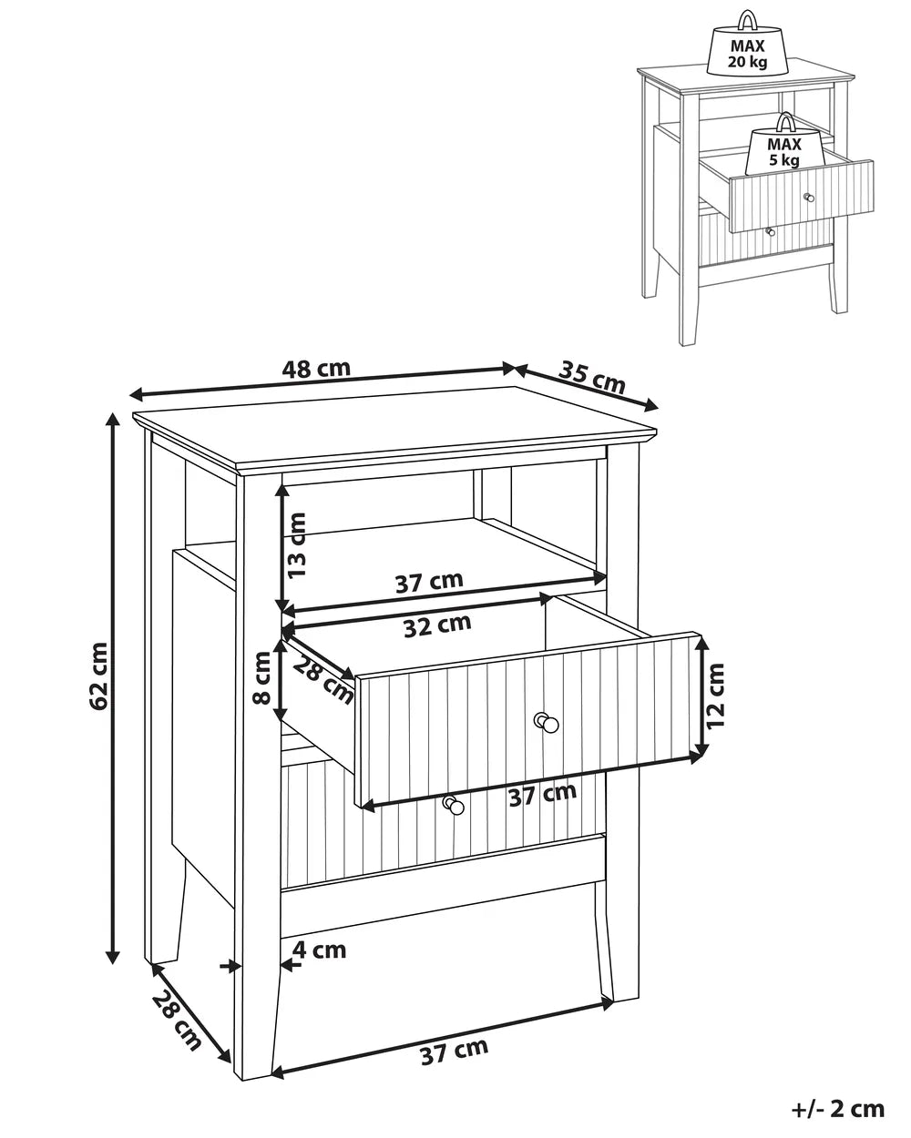 2 Drawer Bedside Table White
